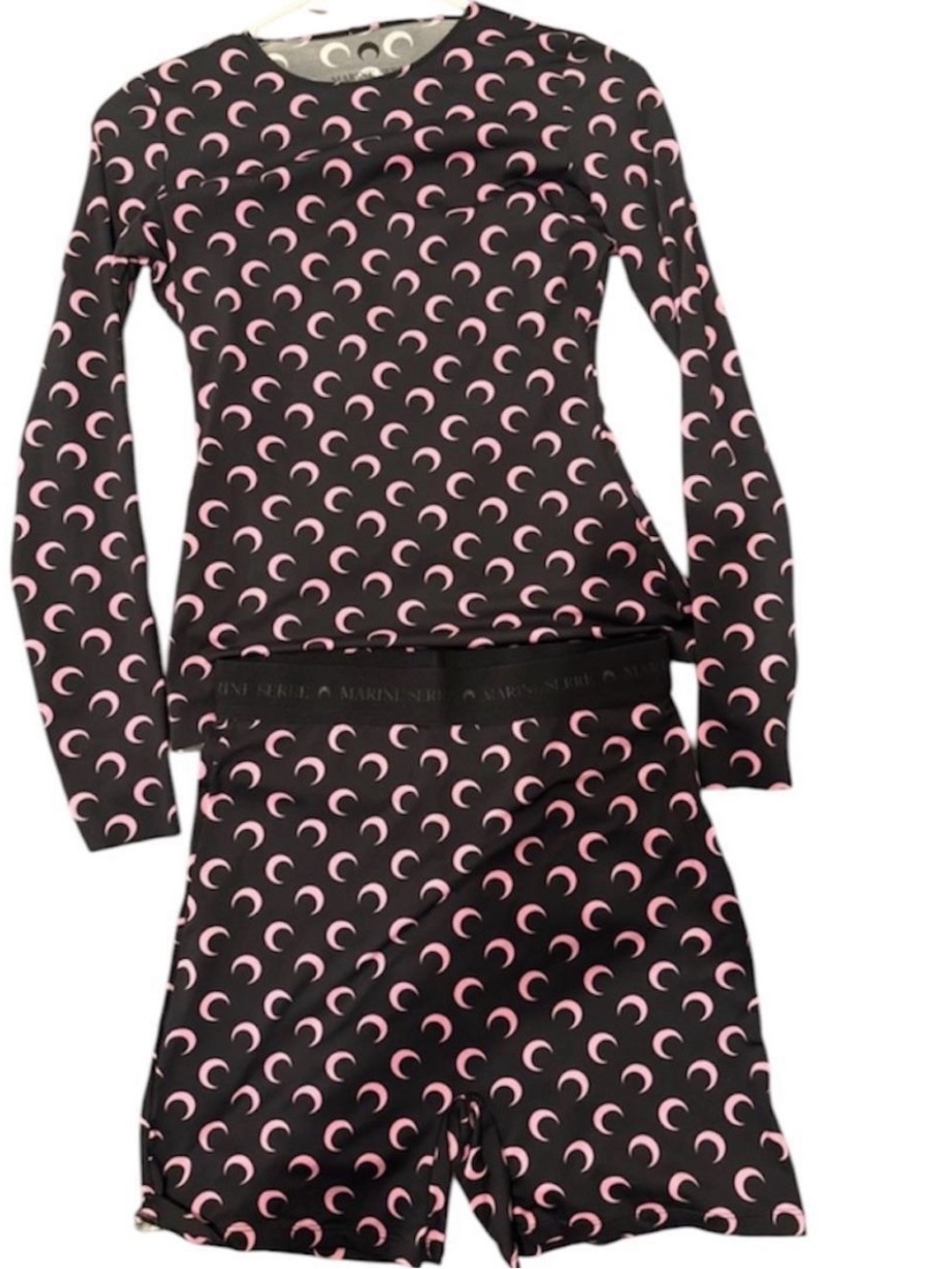 Marine Serre Black & Pink Crescent Print Long Sleeve Top and biker Shorts Set